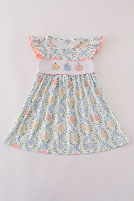 Green bow print embroidery ruffle dress