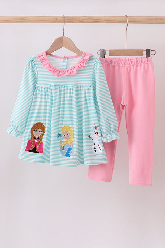 Blue character embroidery ruffle dress set